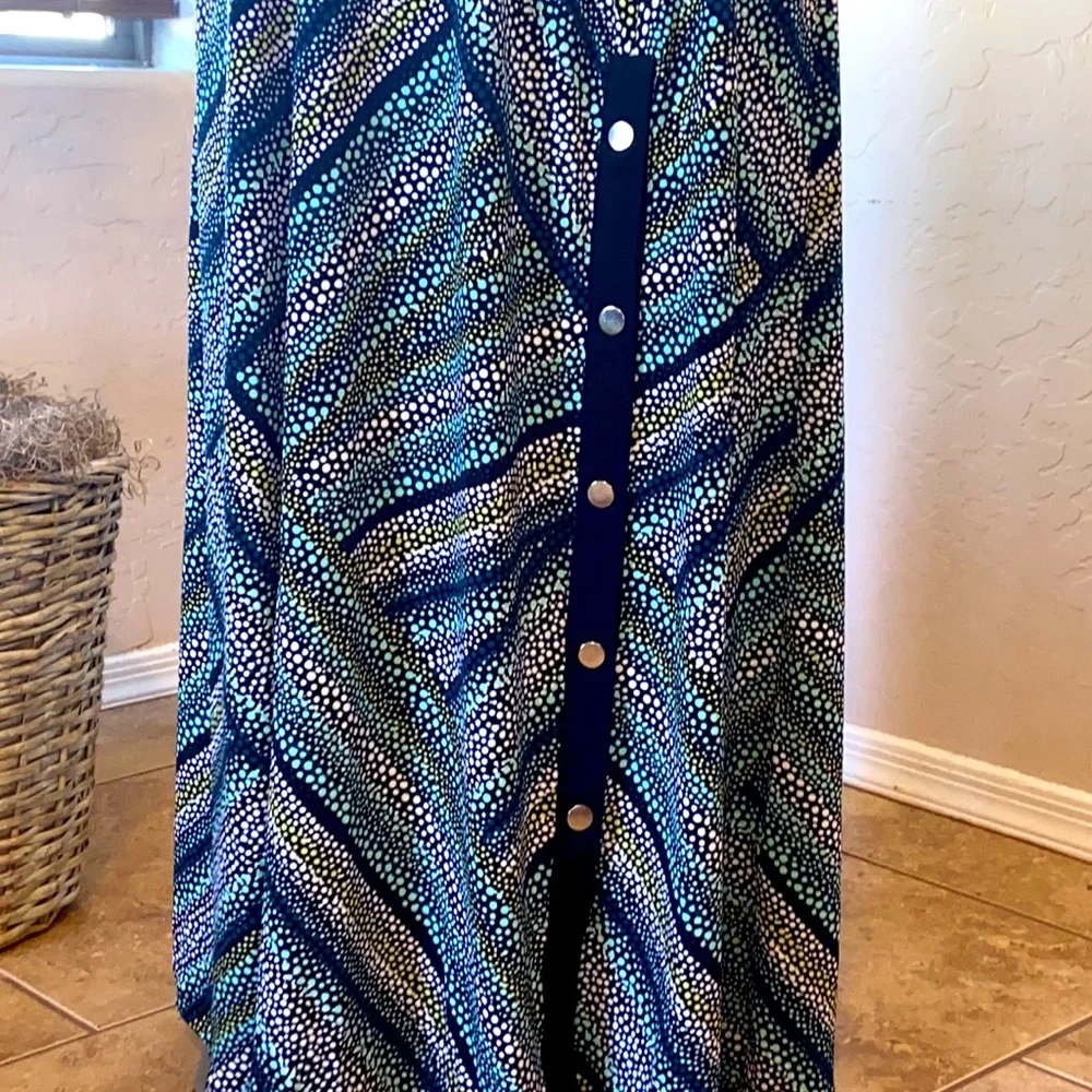 Susan Graver Printed Liquid Knit Maxi Dress ~ Black/Teal - Picture 4 of 8